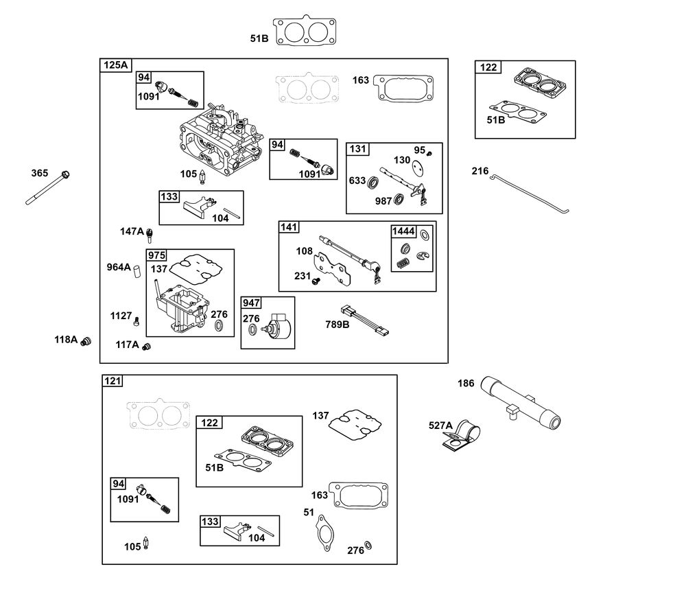 Carburetor Group Diagram and Parts List for 613477-0269-J1 400000 - 699999 Briggs and Stratton Engine
